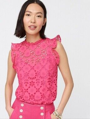 J. Crew Eyelet Flutter Top Raspberry Pink Sleeveless